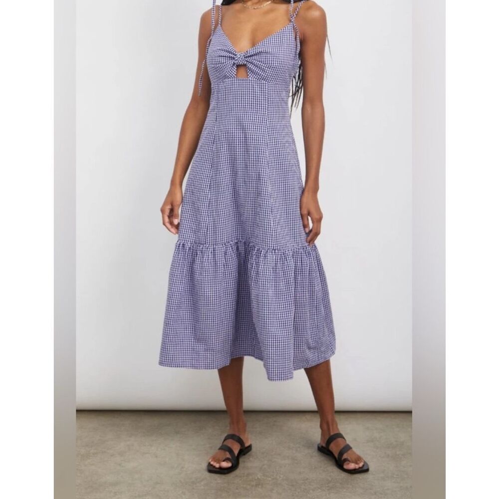 Rails Women's Maeve Dress Navy Lilac Gingham Organic Cotton Midi Dress Size Medi - Picture 3 of 12